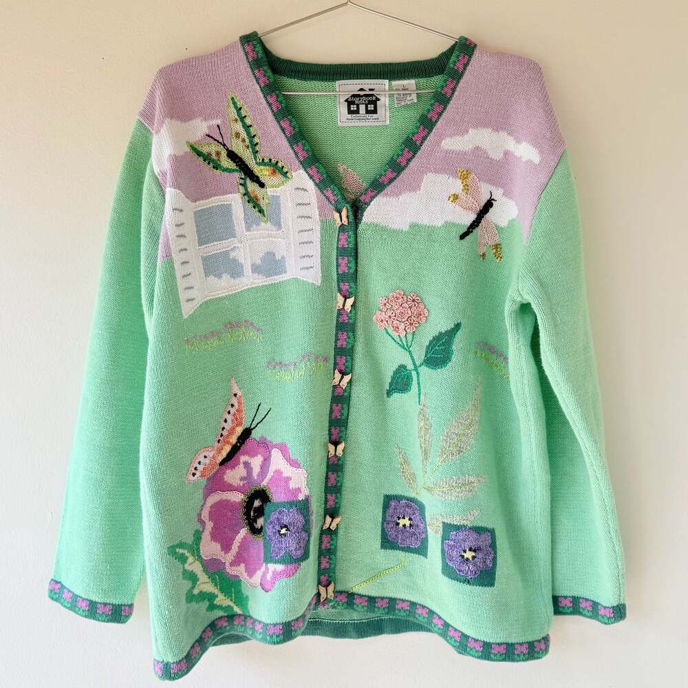 Vintage Storybook Butterfly and Floral Garden Knit Cardigan Sweater - Picture 13 of 15